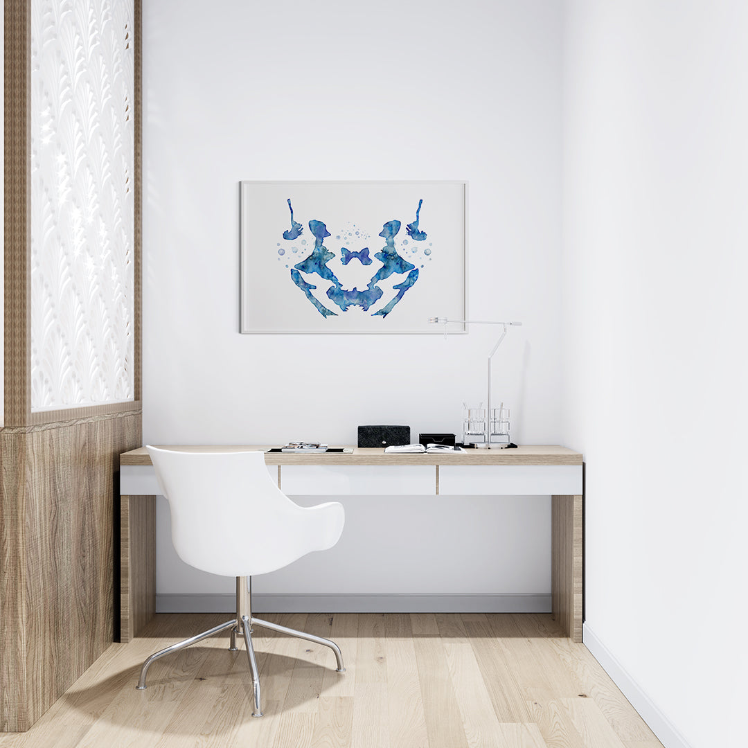 Rorschach Inkblot Test Watercolor Art, Blue Psychology Wall Print