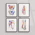 Anatomical watercolor prints featuring pelvis, foot, spine, and shoulder.