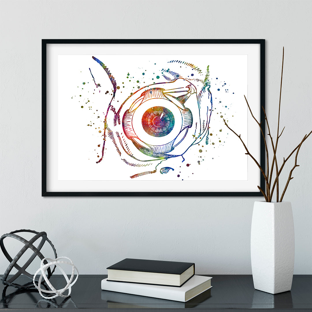 Detailed anatomical watercolor print of the human eye, perfect for study and clinic settings.