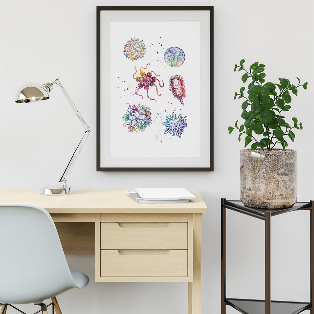 Types of Bacteria watercolor print, perfect for kids' rooms, science classrooms, or laboratory walls.