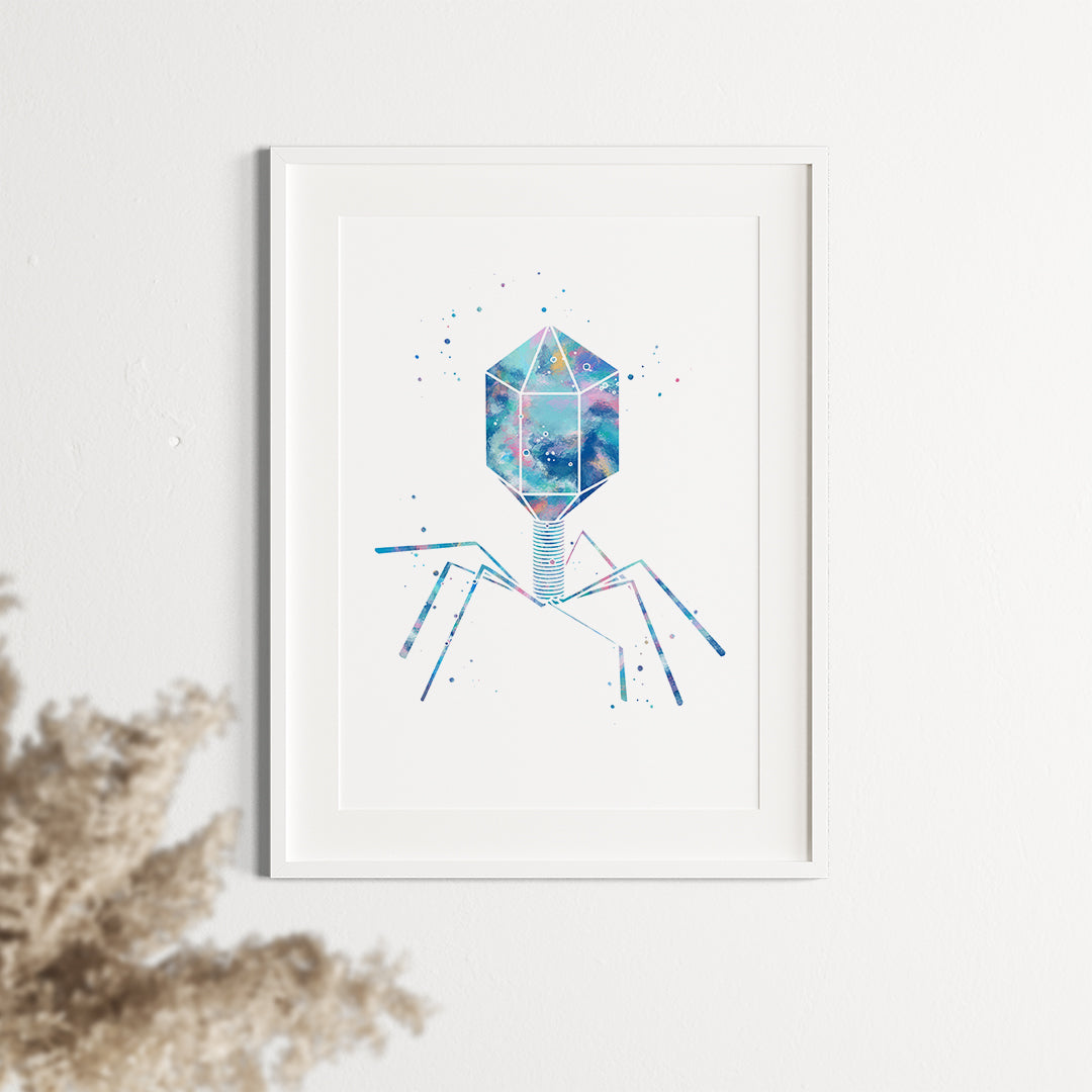 Blue bacteriophage watercolor art, combining creativity and science for unique wall decor.