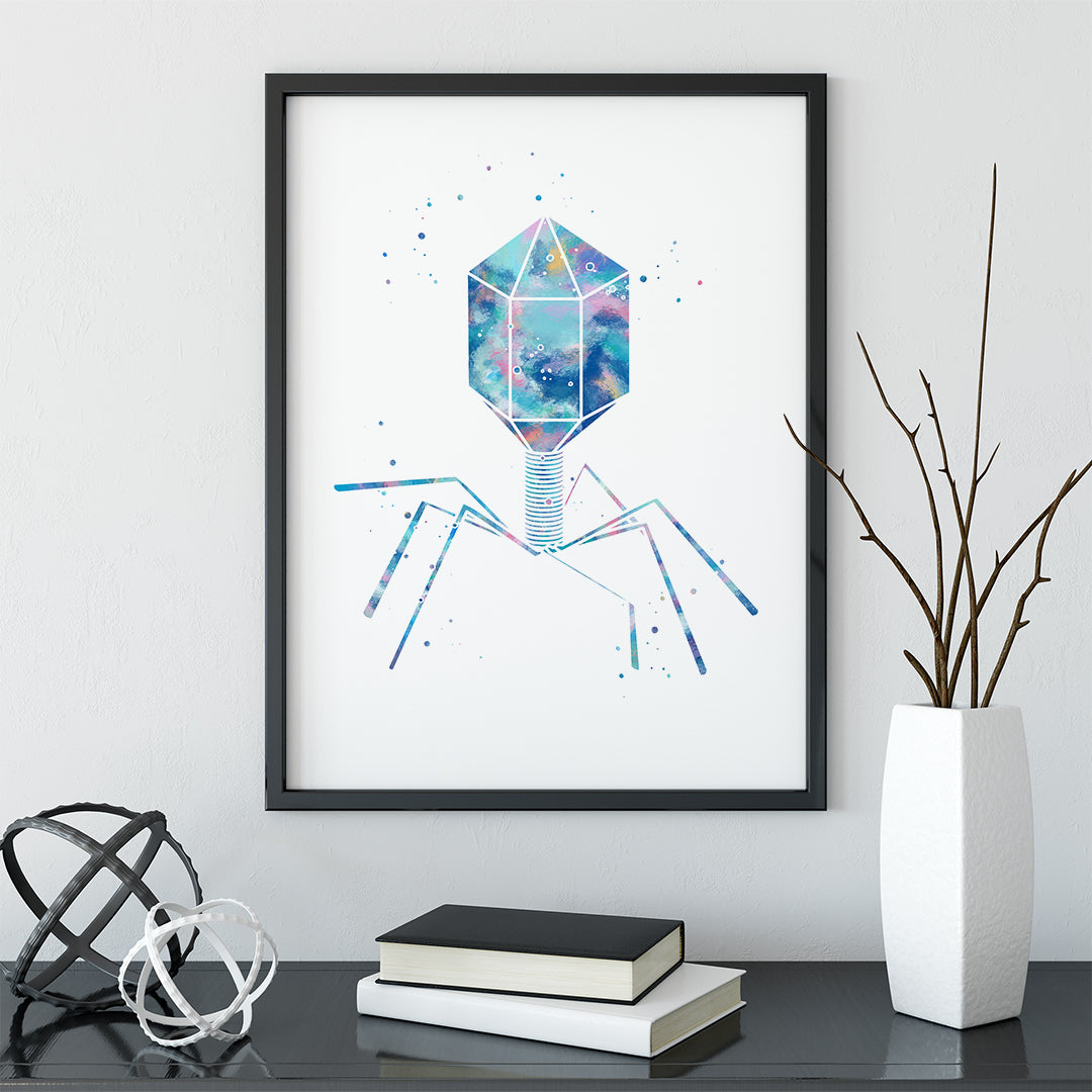 Detailed watercolor bacteriophage illustration in shades of blue, ideal for science-themed decor or gifts.