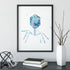 Detailed watercolor bacteriophage illustration in shades of blue, ideal for science-themed decor or gifts.