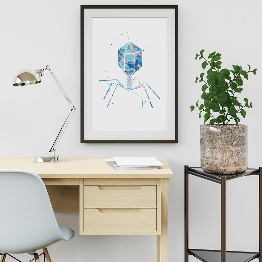 Science-inspired artwork featuring a bacteriophage virus in vibrant watercolor design, ideal for students or labs.