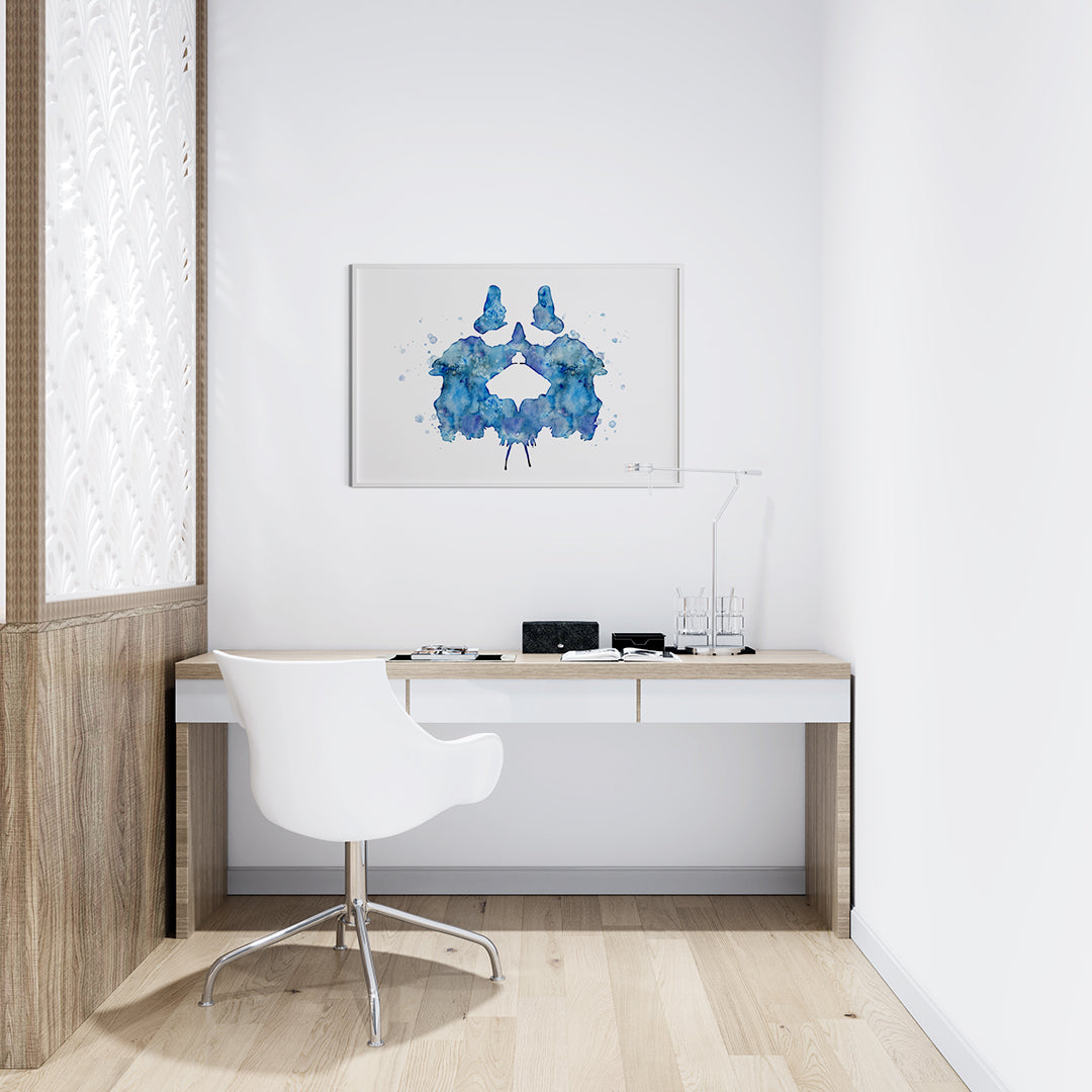 High-quality blue Rorschach ink blot print for therapy or study room decor