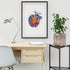 Vibrant brain and heart watercolor art, symbolizing logic and emotion, ideal for therapy office wall decor.