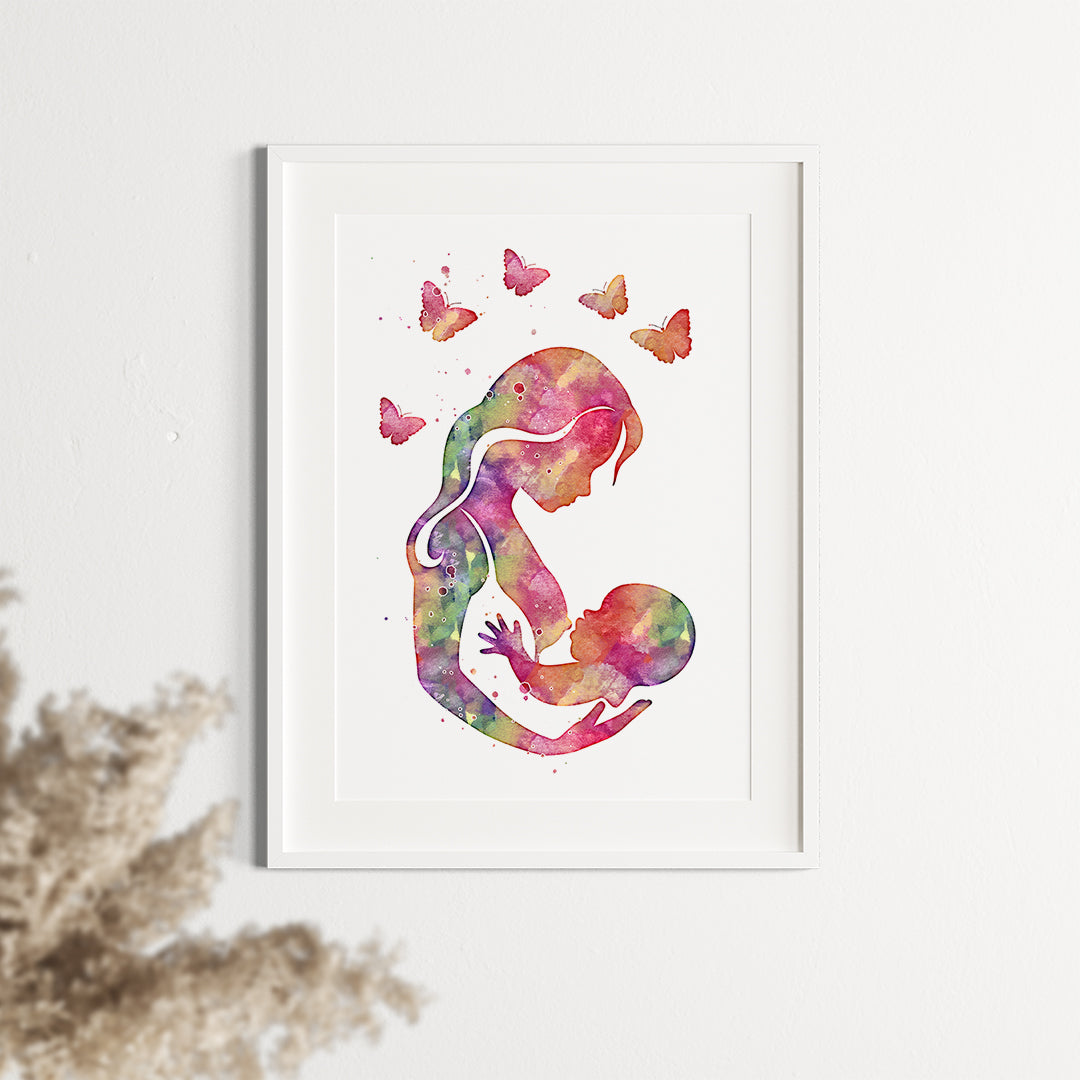 Artistic silhouette of breastfeeding mother and baby in vibrant watercolor, a thoughtful gift for new mothers or maternity clinic decor