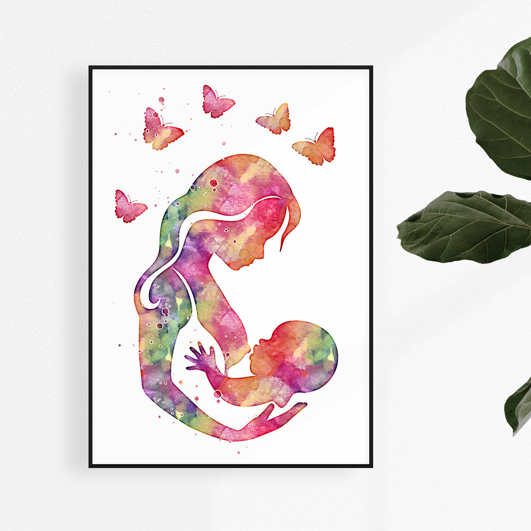 Mother and Baby Breastfeeding Silhouette Watercolor Art Print