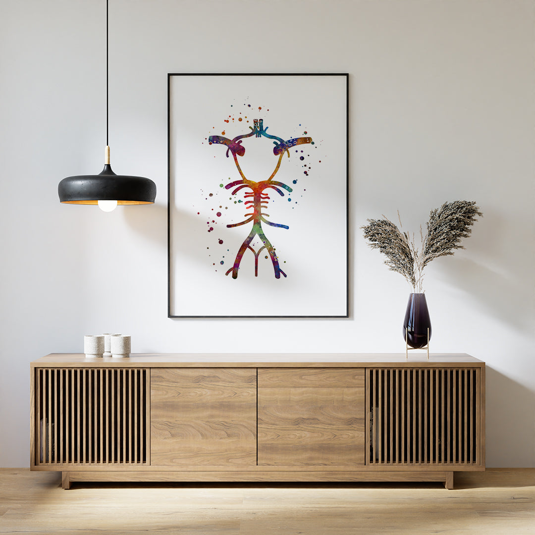 Colorful Circle of Willis Anatomy Watercolor Print, perfect for neuroscience offices or medical education decor.