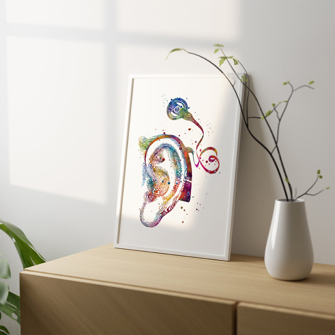 Hearing loss treatment watercolor art print with cochlear implant focus.