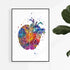 Colorful watercolor print of brain and heart, logic and emotion, perfect for psychologist office decor.