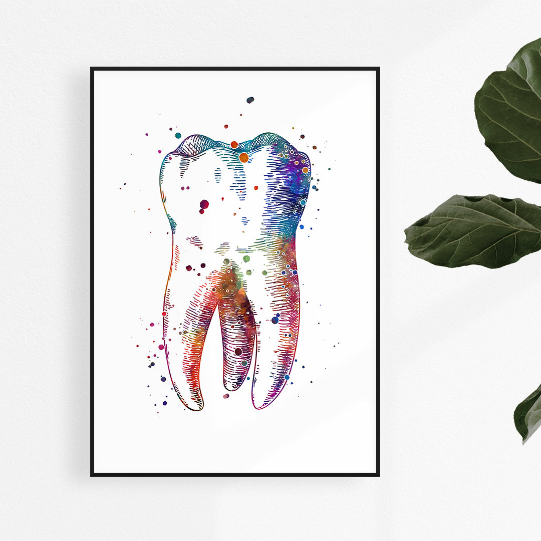 Colorful human tooth watercolor art print, ideal for dental office decor