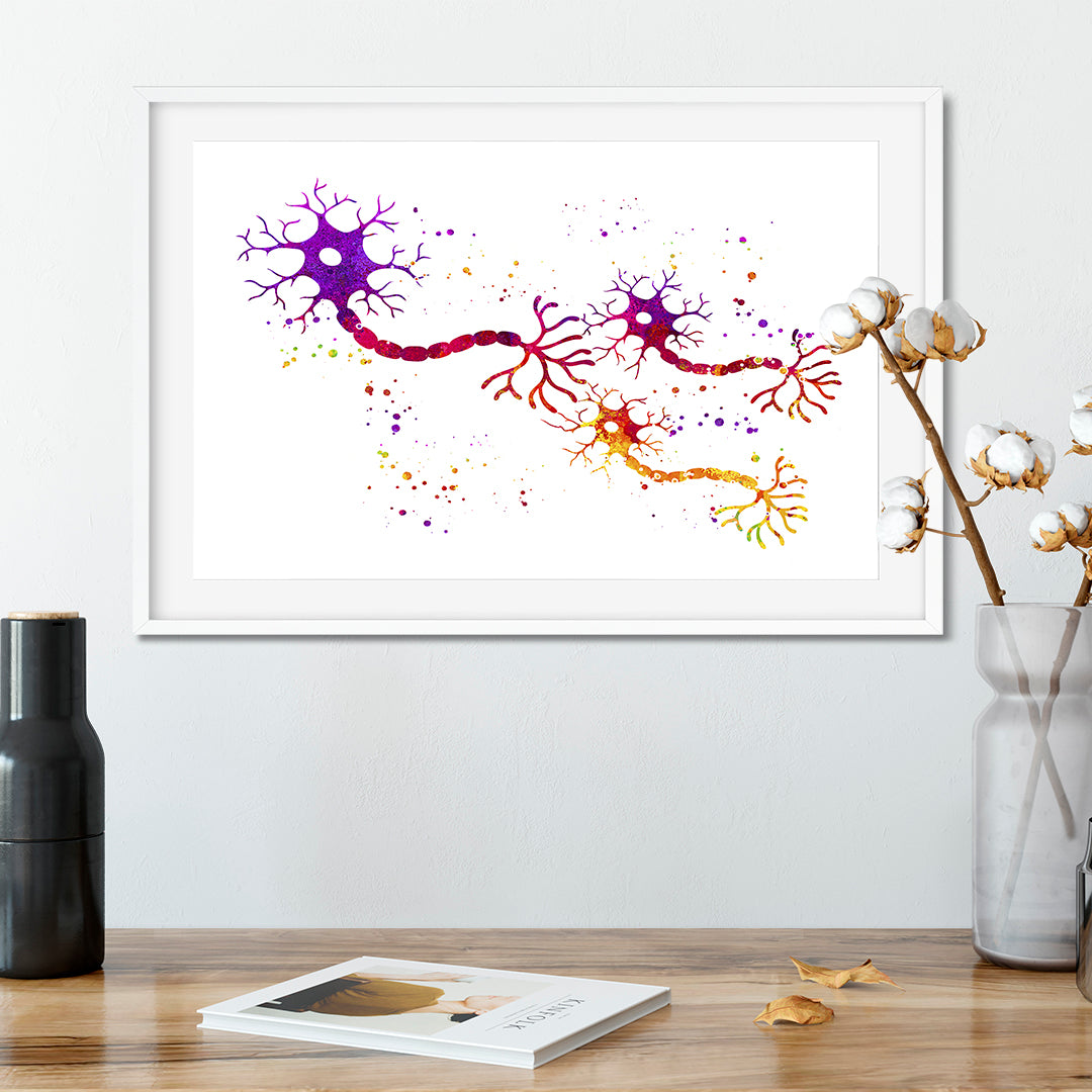 Artistic neuron connection watercolor print, featuring the complexity of nerve impulses; a must-have for neuroscience enthusiasts