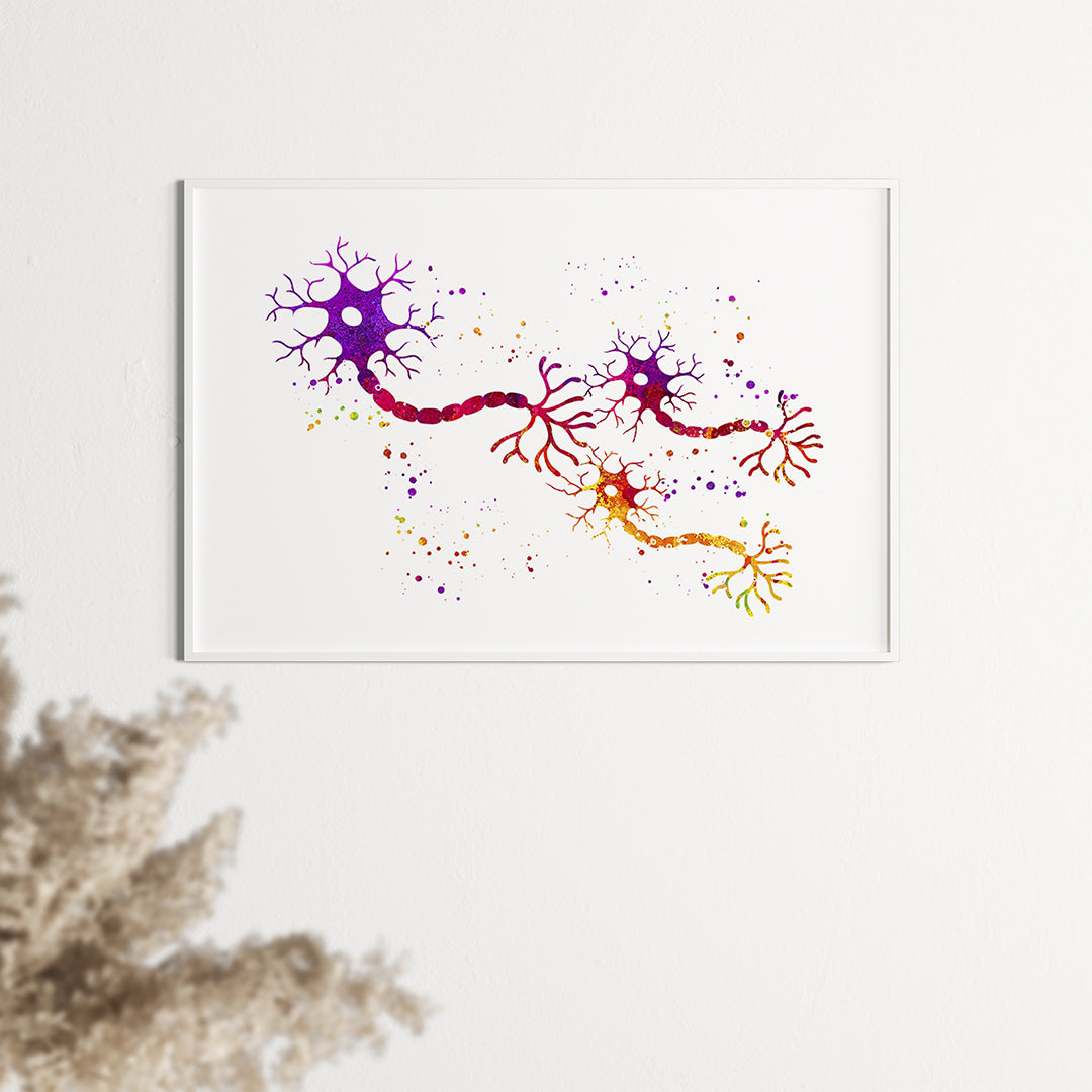 Detailed watercolor of neuron connections, celebrating the beauty of neural pathways and perfect for medical and science office decor.