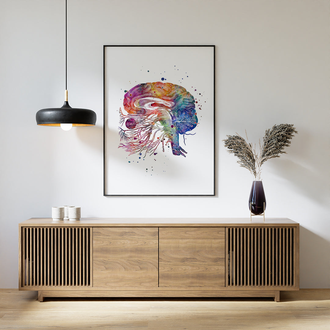 Artistic brain anatomy print highlighting cranial nerves, perfect for healthcare professionals and neuroscience lovers