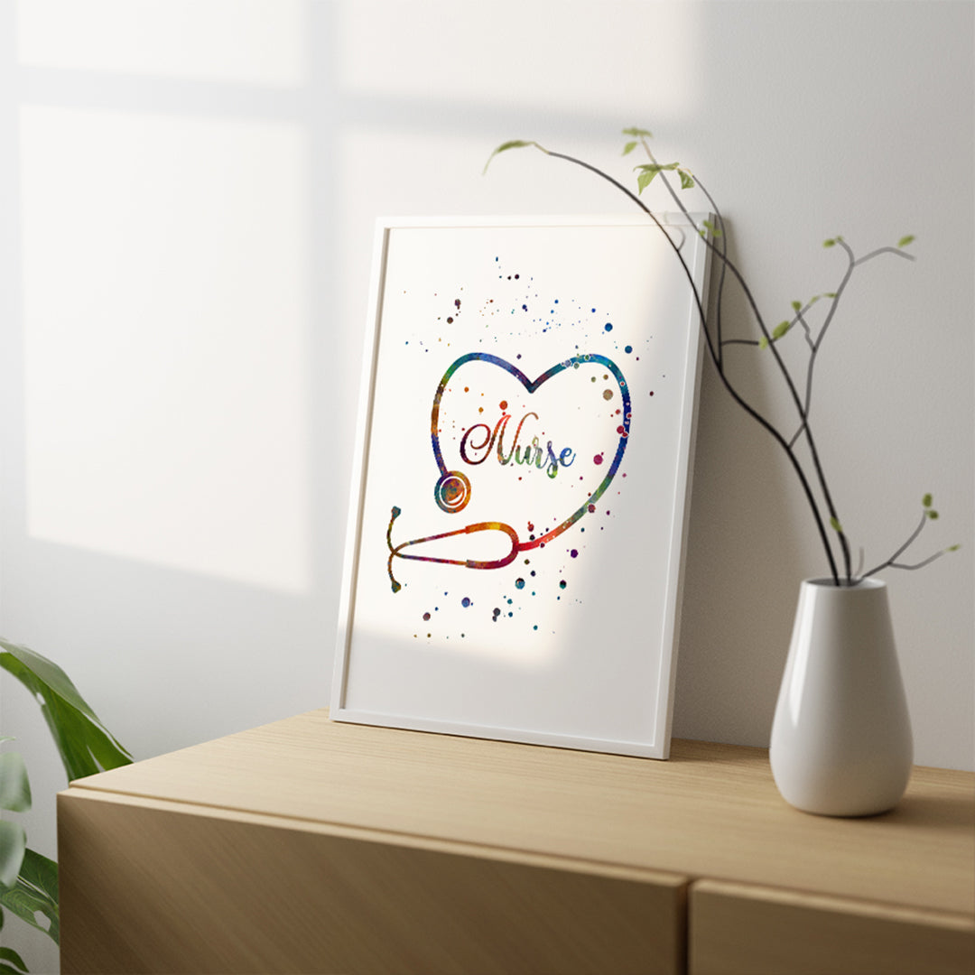 Vibrant stethoscope watercolor print, ideal for nurse office decor or as a thoughtful gift for nursing professionals.