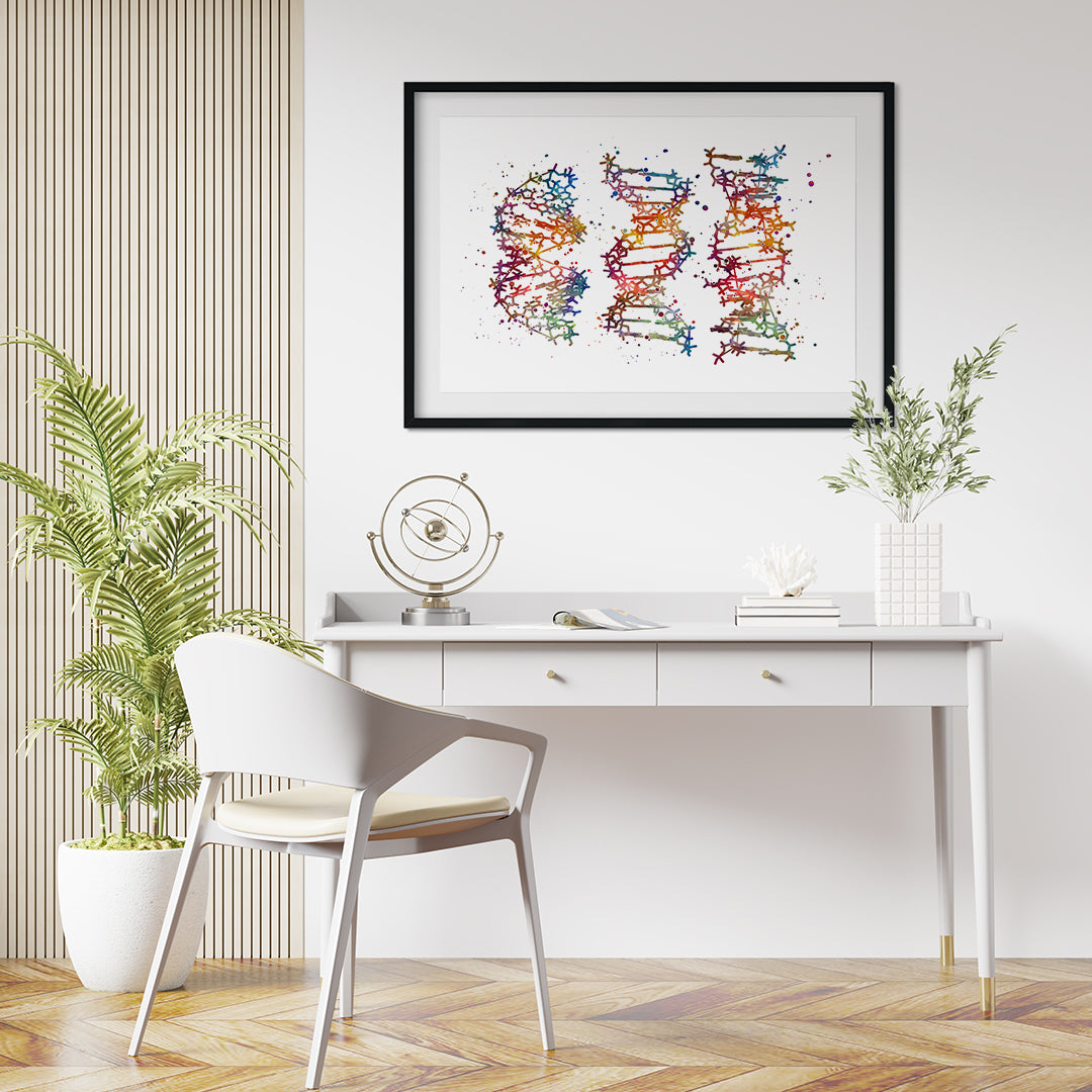 Colorful DNA molecule art print showcasing the A-, B-, Z-forms, ideal for science-inspired spaces.