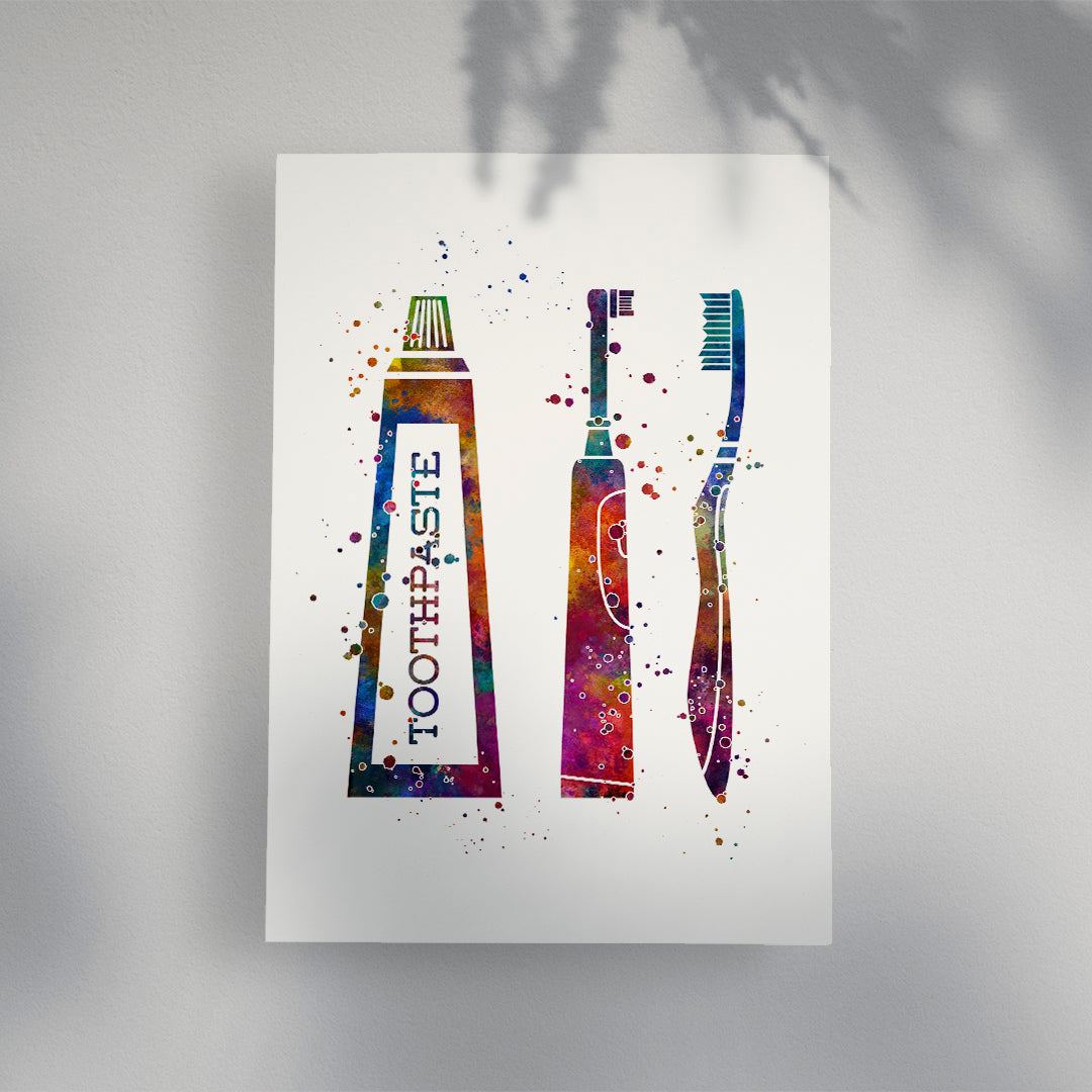 Fun dental hygienist decor with colorful watercolor toothpaste and toothbrush art