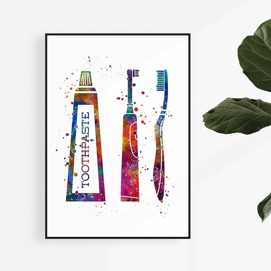 Watercolor art print of toothpaste and toothbrushes for dental hygienist office decor