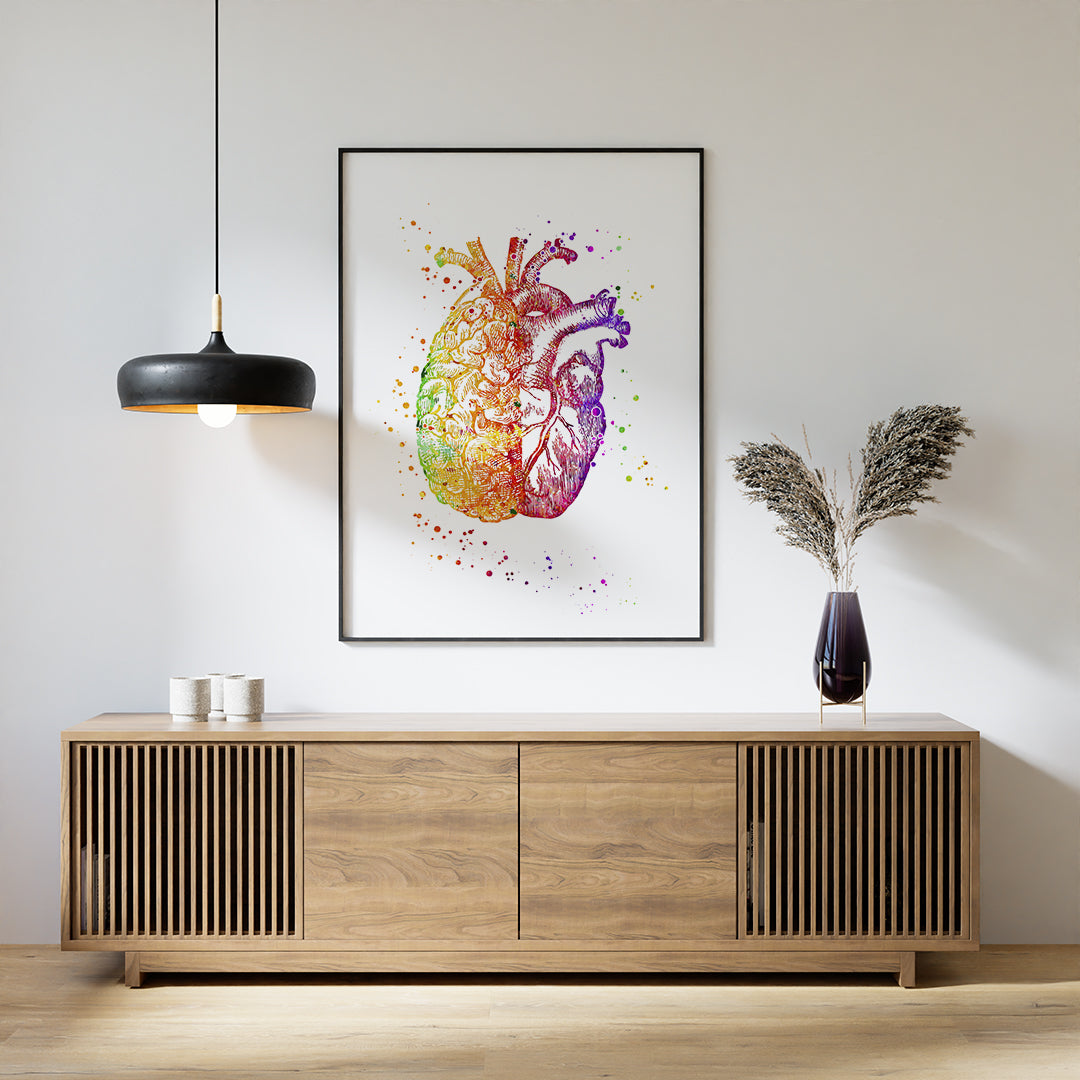 Unique brain-heart connection art print, in rich detail, printed on fine textured paper, perfect for healthcare decor or as a gift.