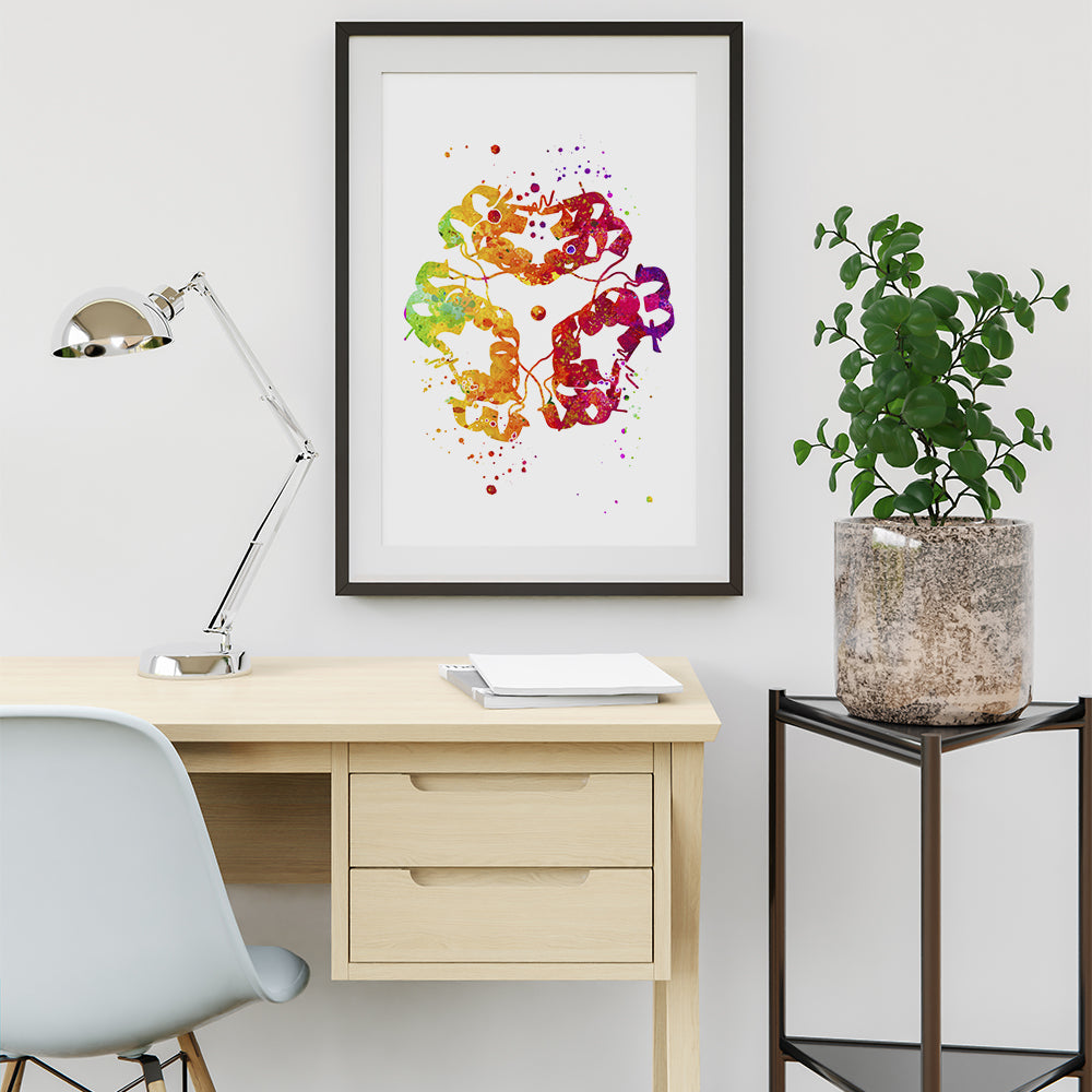 Insulin structure art print in vibrant yellow, orange, and red watercolor. A unique and educational piece for healthcare professionals.