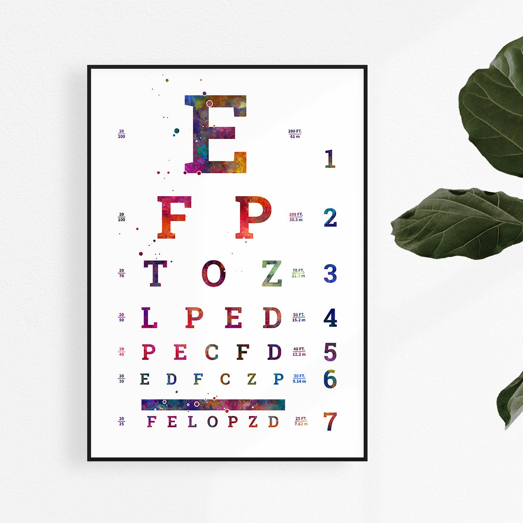 Colorful watercolor eyes test charts print for optometry office decor.