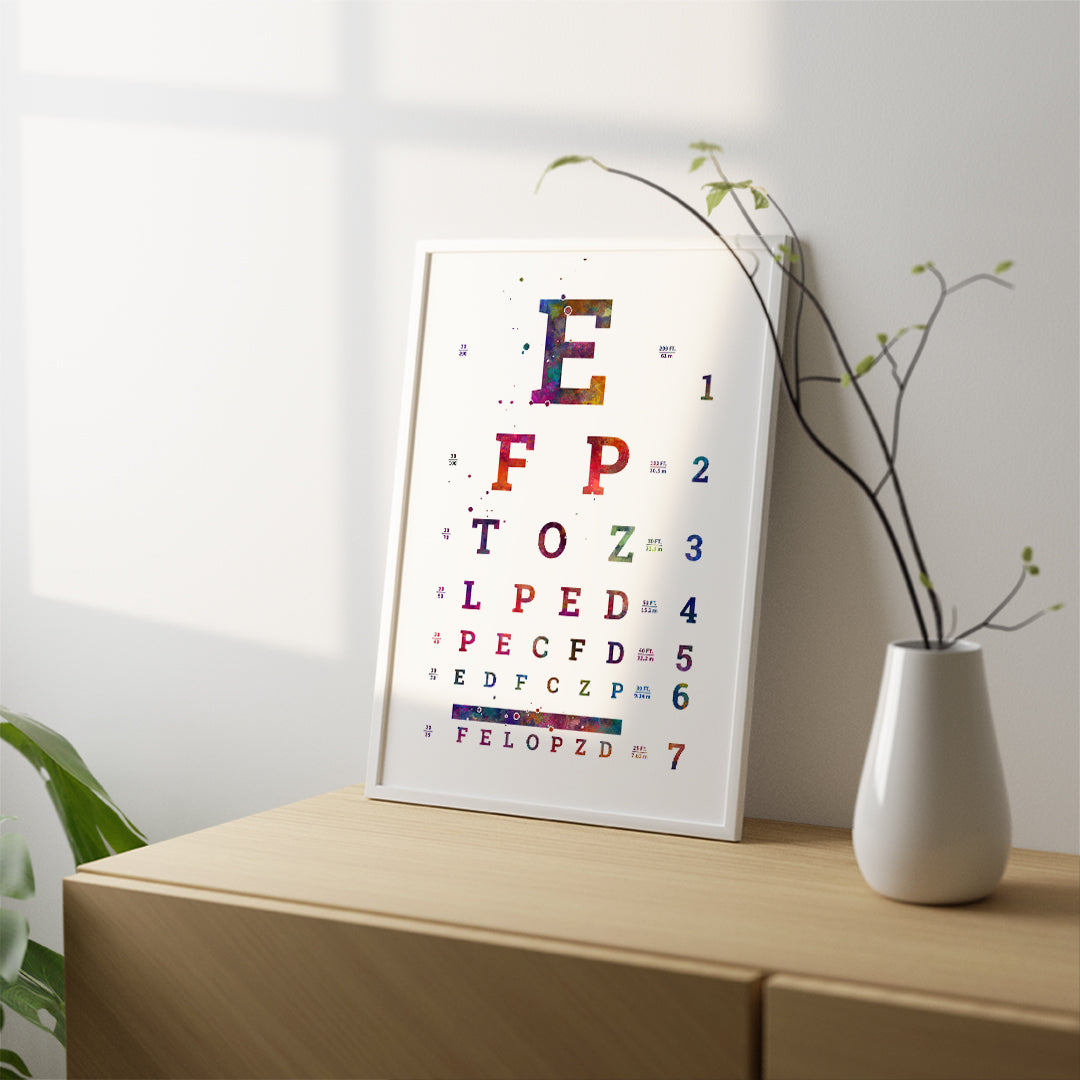 Artistic watercolor print of eye test charts for vision care offices.