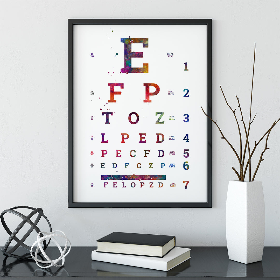 Eye test chart watercolor print for modern optometrist office design.