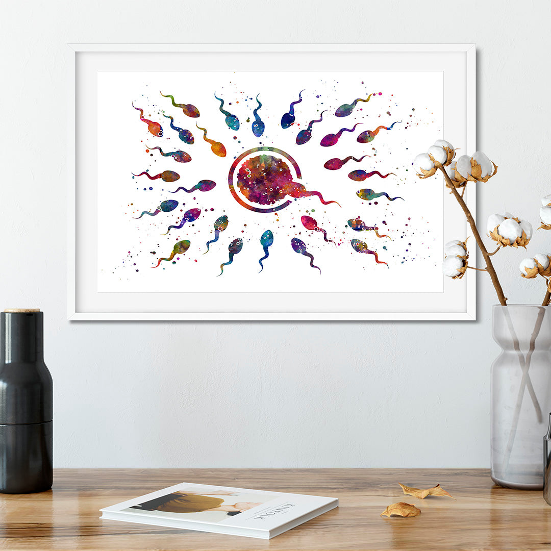 Vibrant watercolor of egg and sperm, symbolizing human fertilization, printed on textured paper, ideal for reproductive health centers.