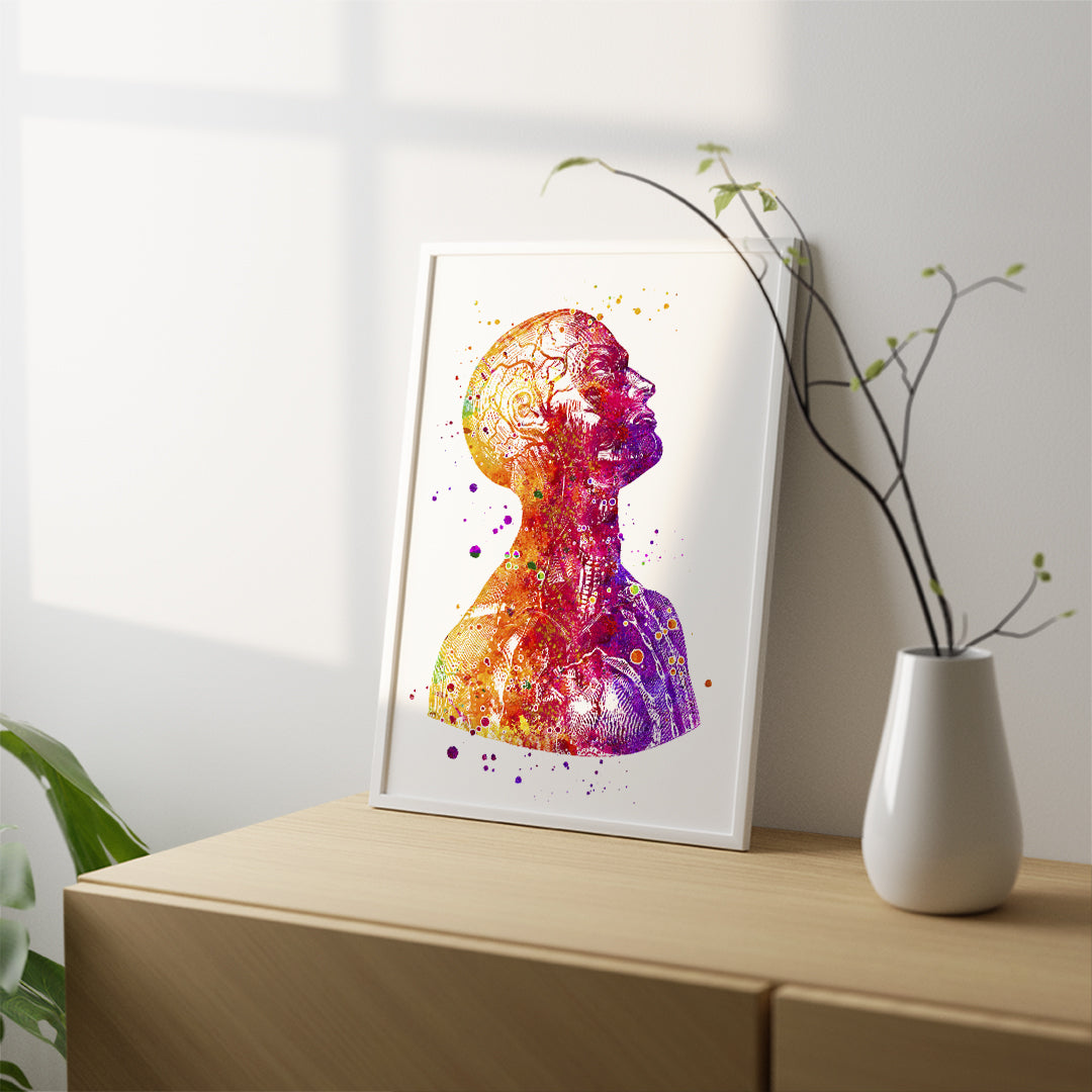 Elegant watercolor illustration of head and neck anatomy, perfect for medical or academic spaces.