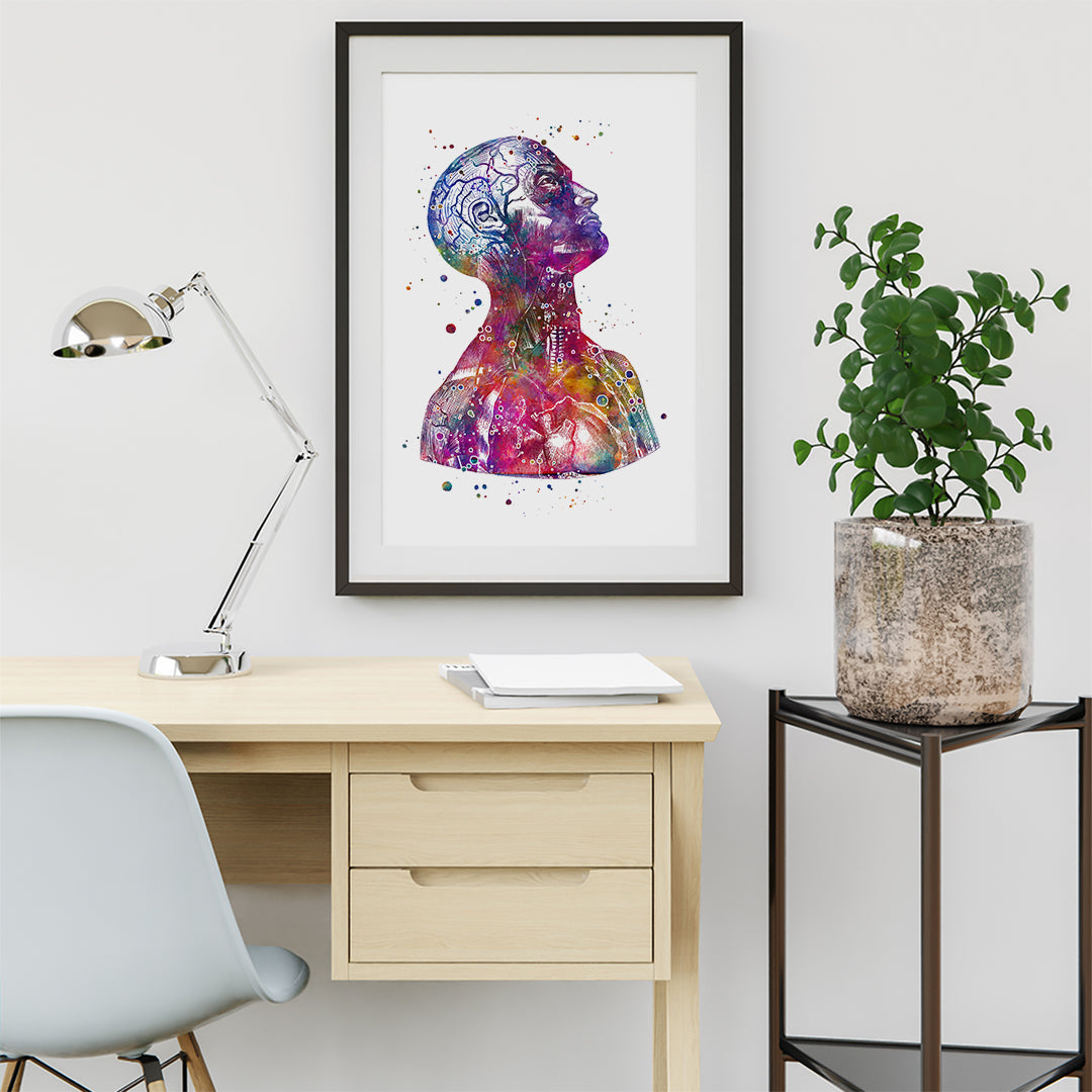 head and neck anatomy multicolored watercolor print