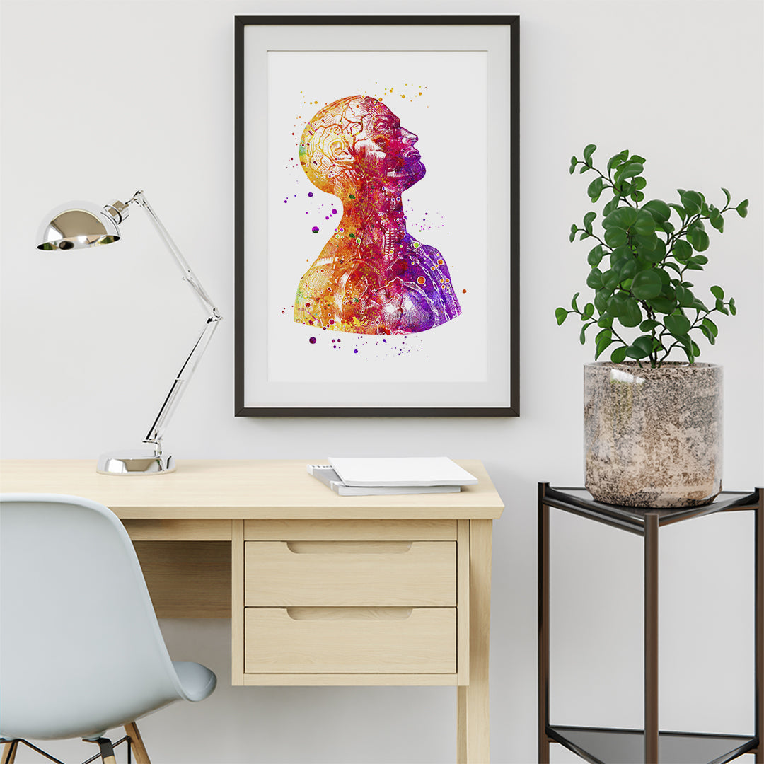 Human head and neck anatomy depicted in multicolored watercolor, adding a scientific touch to any decor.