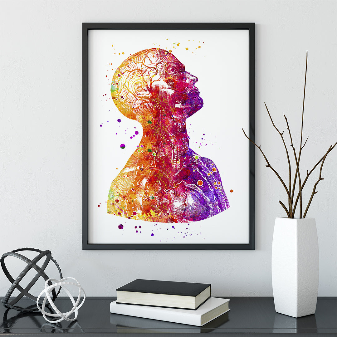 Human anatomy art featuring head and neck structures in vibrant watercolor, a unique science-inspired decor.