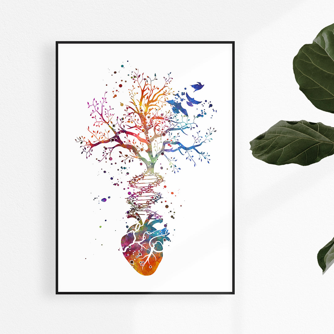 Heart DNA Tree, Watercolor Art Print