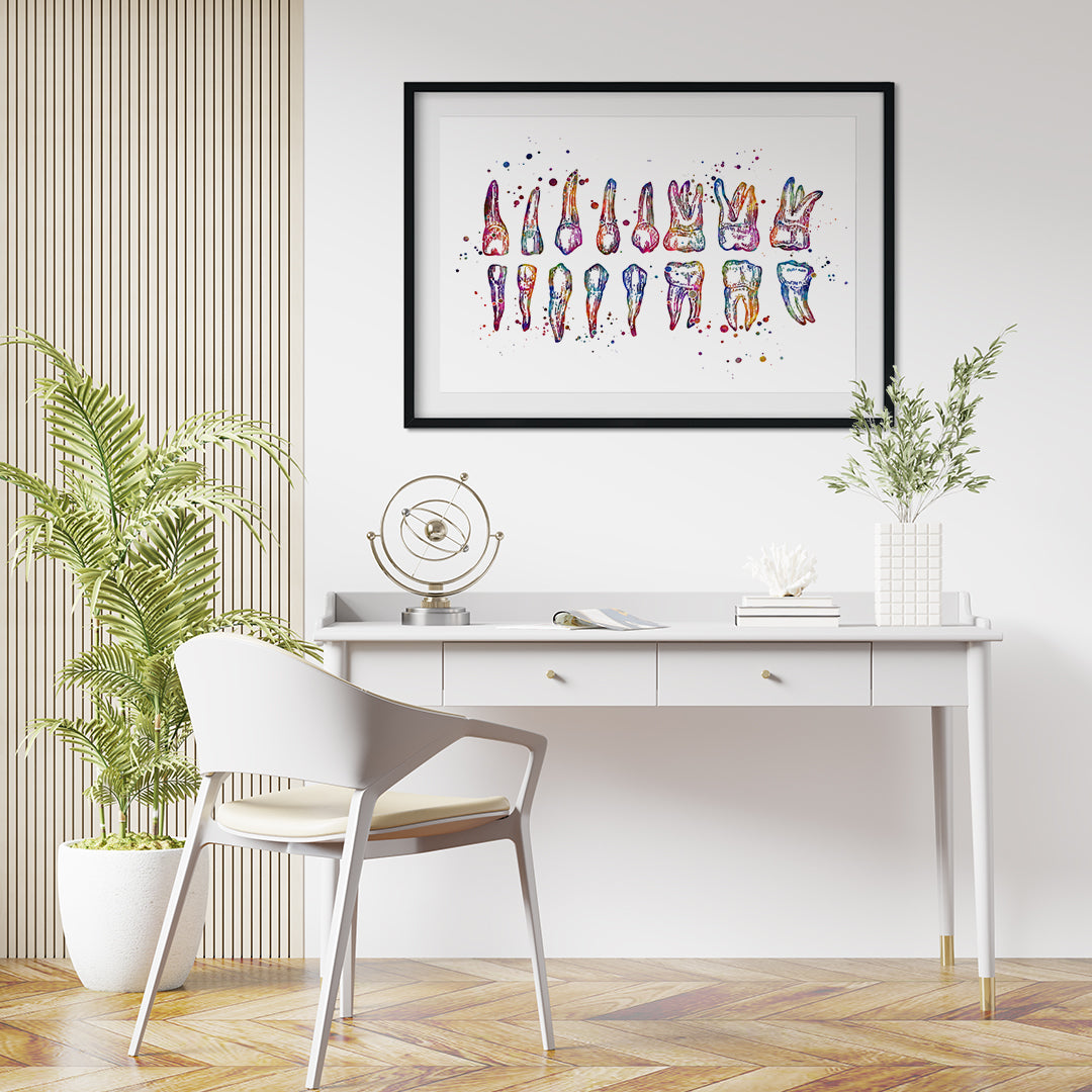 Artistic human teeth chart in watercolor style, ideal for dentist and dental office decor