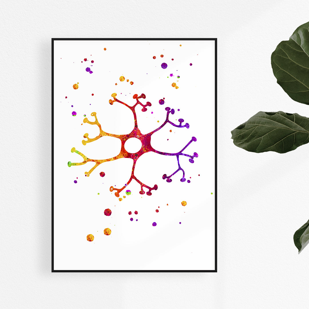 Detailed interneuron cell watercolor art print, ideal for neuroscience office decor and medical spaces