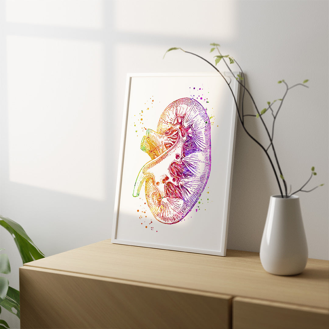 Kidney anatomy art poster in vibrant colors, enhancing the walls of urology and nephrology clinics.