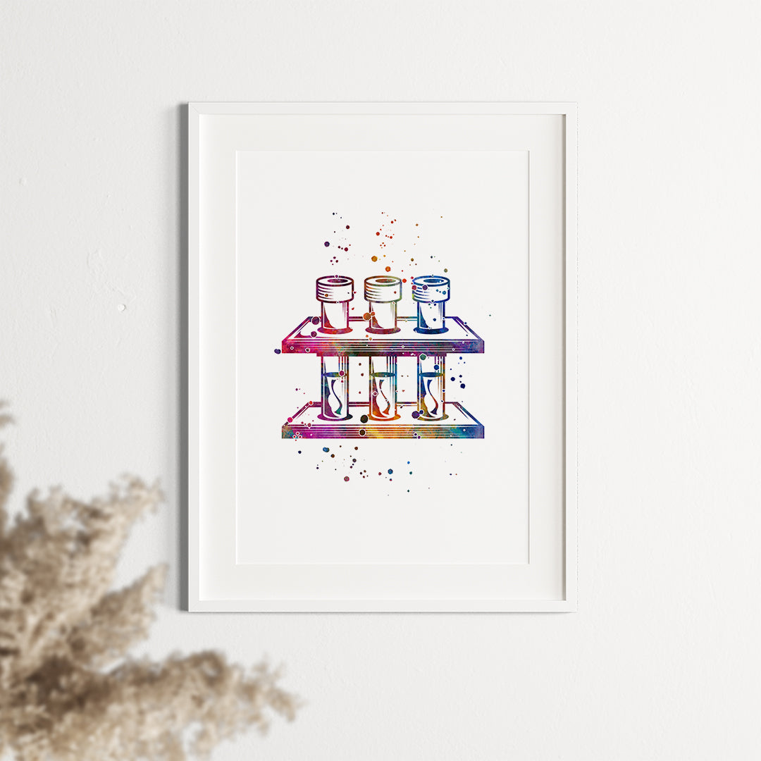 Colorful Science Watercolor Print, Tripod with Test Tubes, Chemistry Lab Wall Art for Scientists, Teachers, and Students