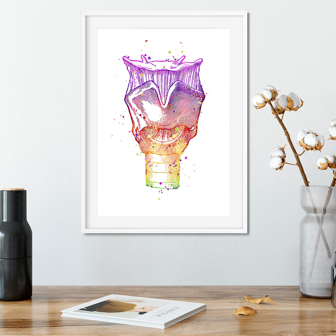 Vivid watercolor larynx anatomy poster, designed for speech therapy and vocal health practitioners, perfect clinic decor