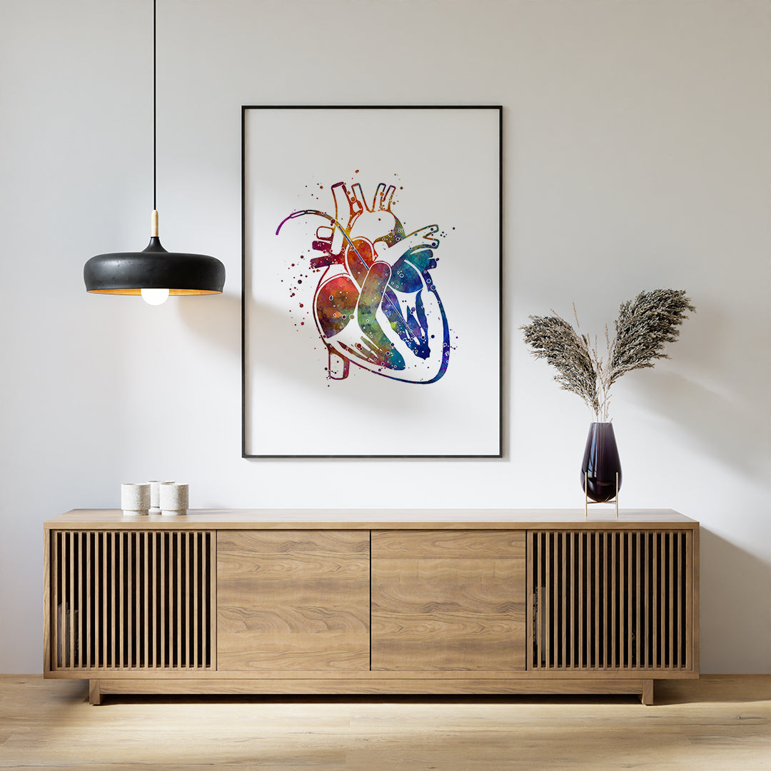 Vibrant watercolor poster of Impella heart pump anatomy.