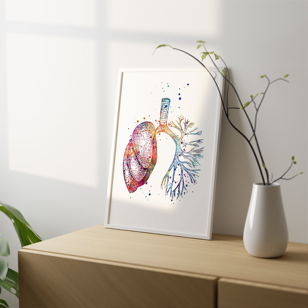 Anatomical watercolor artwork of human lungs, a unique art print for pulmonologists or anatomy enthusiasts