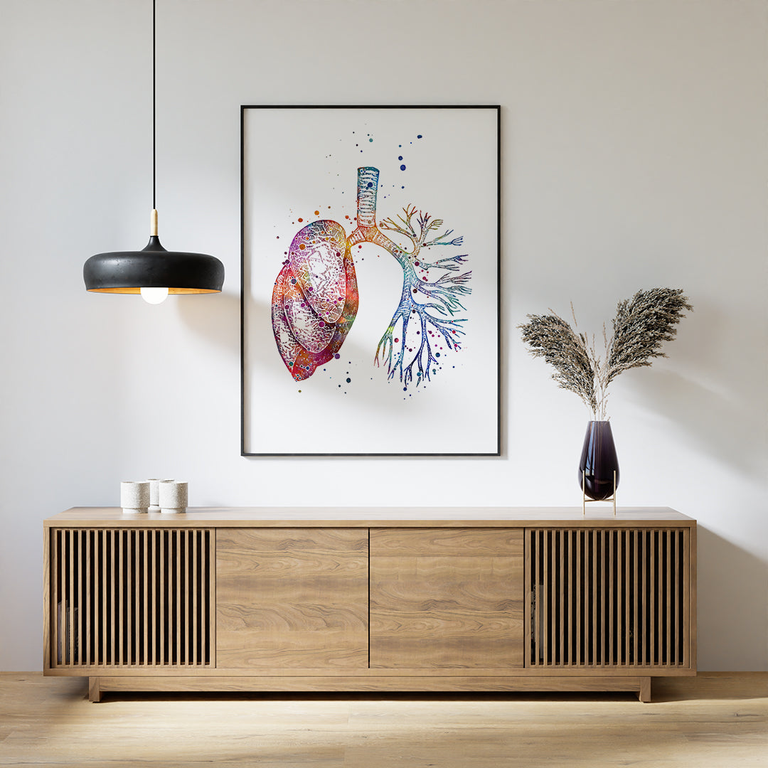 Colorful anatomical lung watercolor print, showcasing respiratory system details, ideal for clinics and health professionals