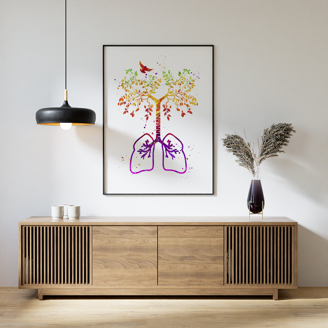 Lung tree anatomy with a bird in watercolor, blending medical and artistic beauty for healthcare and wellness spaces