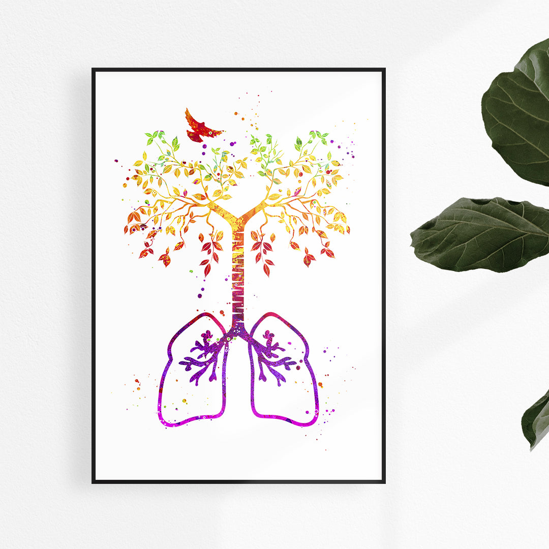 Watercolor art print of a lung tree with a bird, symbolizing breath and nature, perfect for clinic or home decor