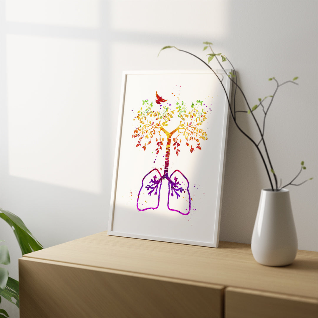 Vibrant lung tree watercolor print with a bird, a symbolic and artistic addition to medical or natural wellness decor.