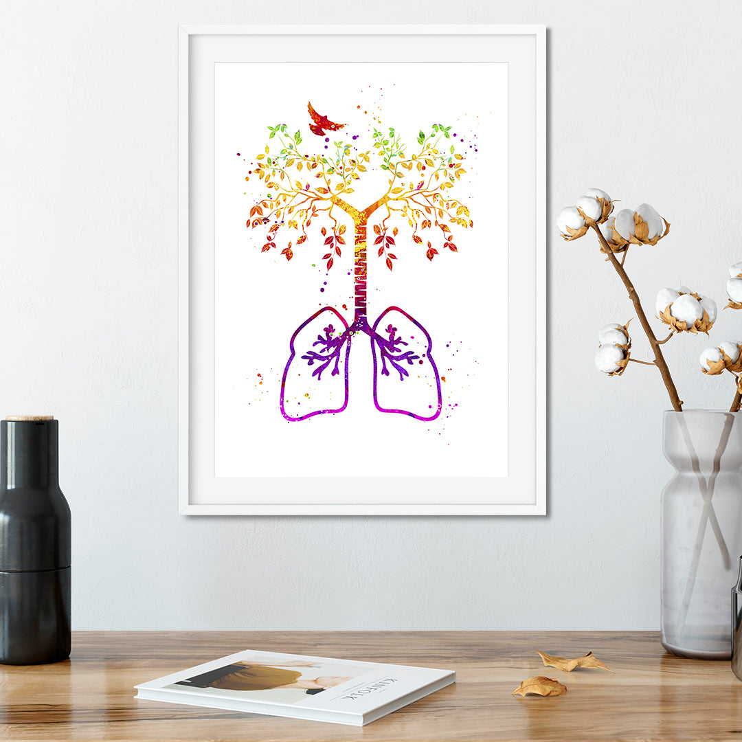 Beautiful lung tree watercolor art featuring a bird, ideal for pulmonology offices or nature-inspired medical decor