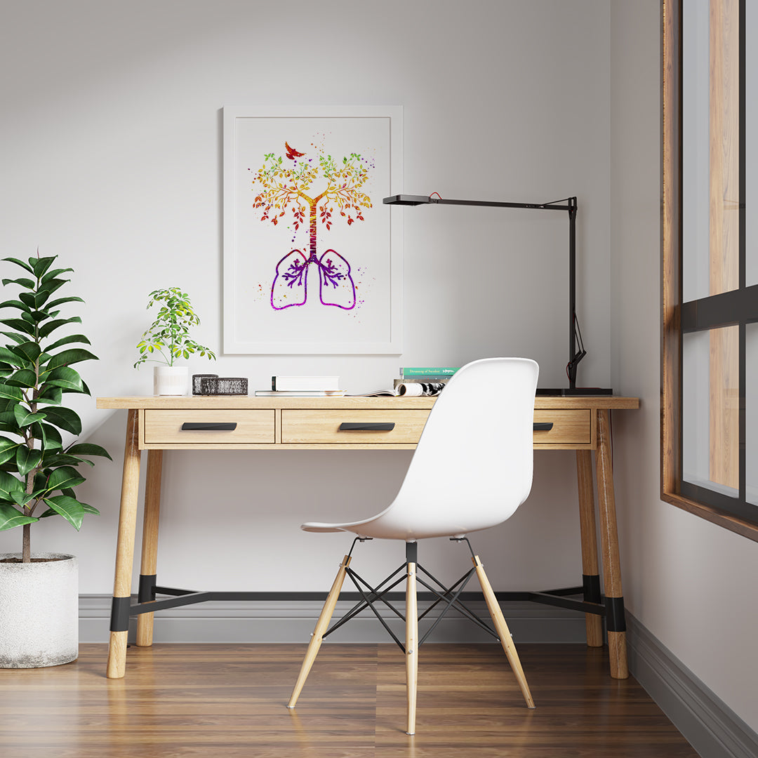 Artistic lung tree with bird in watercolor, combining anatomy and nature, perfect for respiratory clinics or holistic spaces