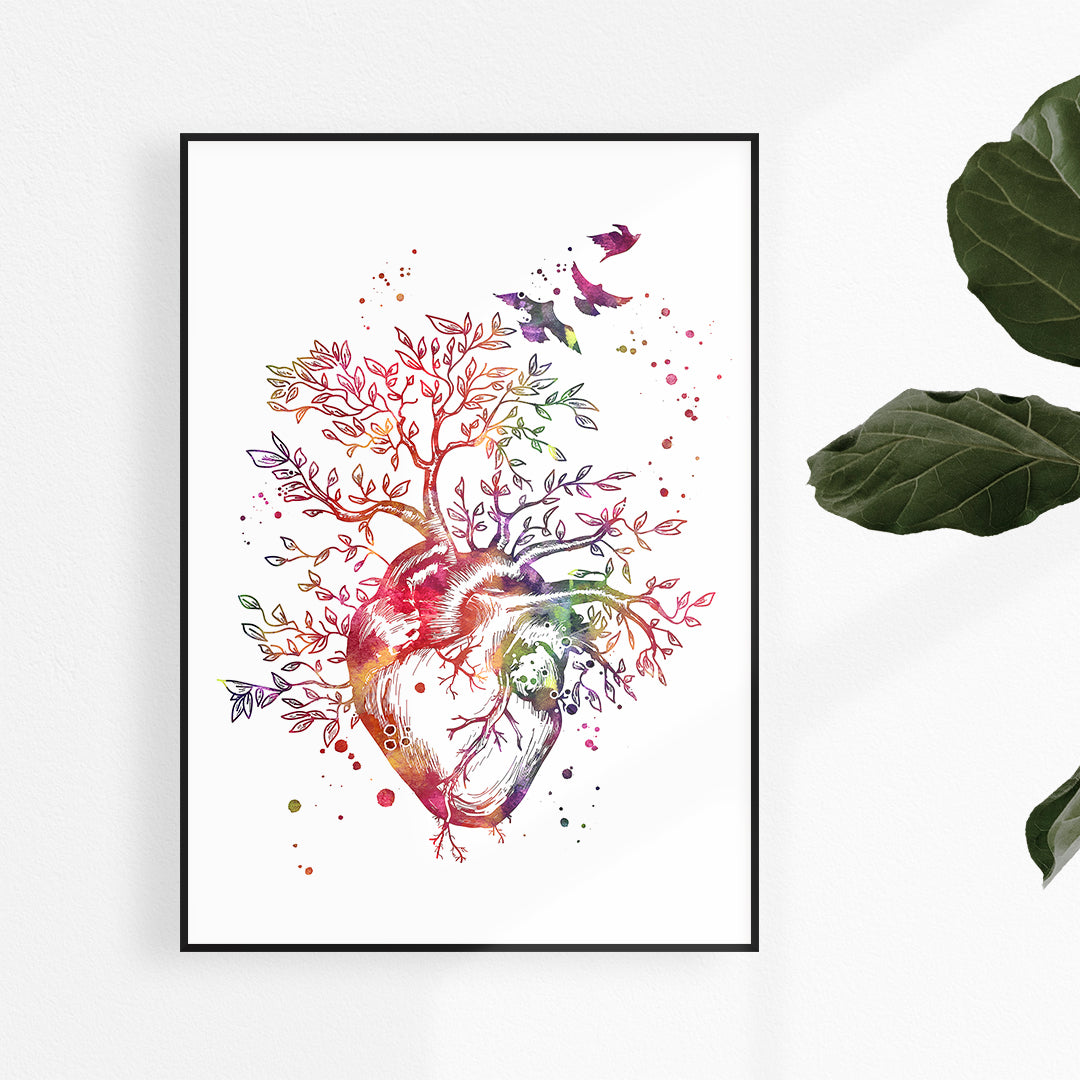 Heart Tree watercolor print blending anatomy and nature, perfect for doctor office, nurse room, clinic decor, or a unique anniversary gift for heart transplant recipients