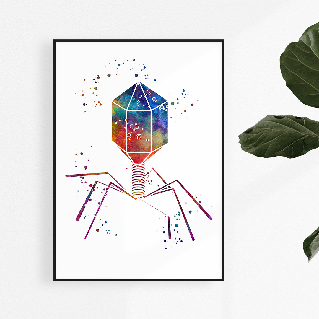 Vibrant watercolor art print of a bacteriophage virus, ideal for science-themed spaces and microbiology labs.