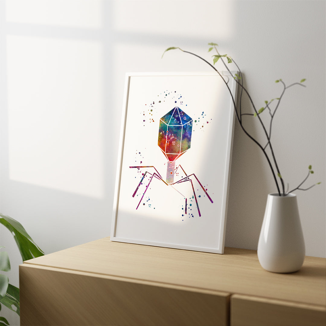 Unique watercolor artwork of a bacteriophage, showcasing its intricate structure.